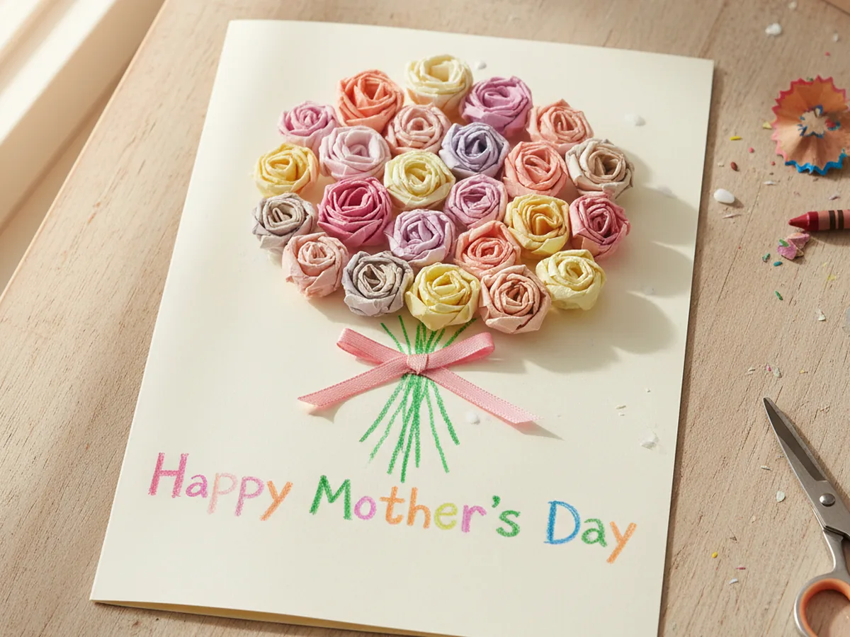 A handmade folded greeting card with a cluster of small pastel paper napkin rosettes, hand-drawn green stems, and a tiny pink bow