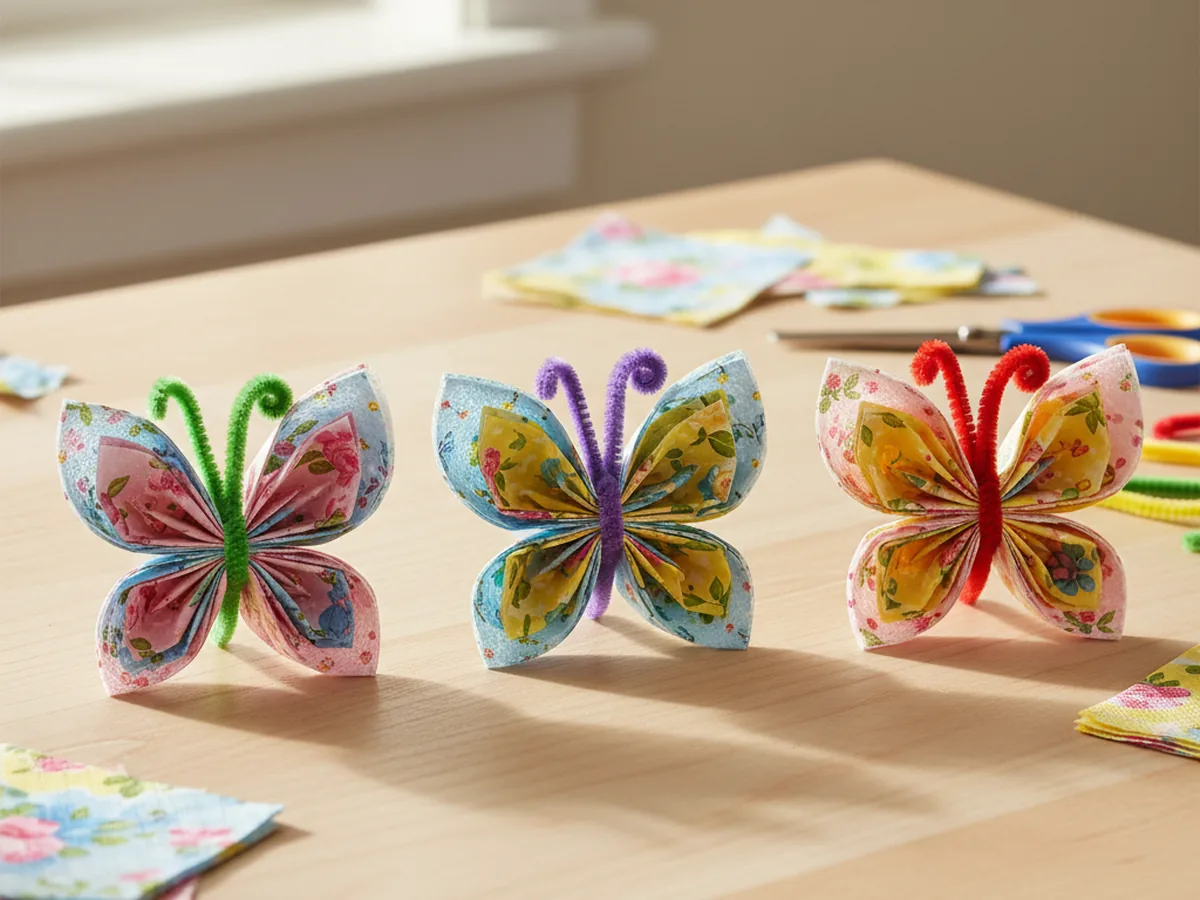Three handmade paper napkin butterflies with pinched centers and pink pipe cleaner bodies and antennae on a light wood craft table