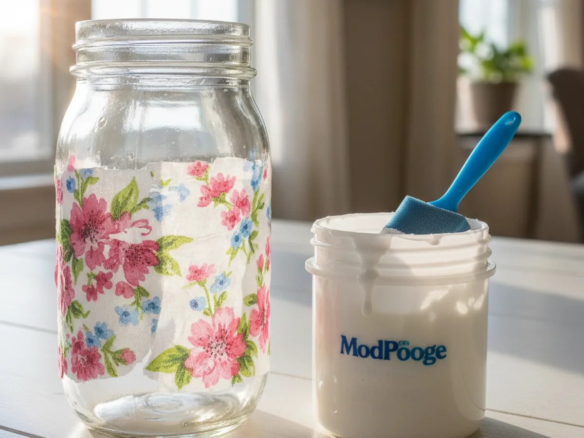 A clear glass jar decoupaged with a floral paper napkin pattern using Mod Podge, sitting on a white craft table next to a small brush
