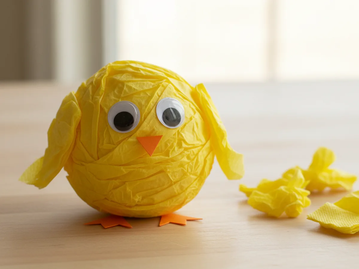 A handmade fluffy yellow paper napkin chick with googly eyes, an orange beak, and small orange paper feet on a light craft table