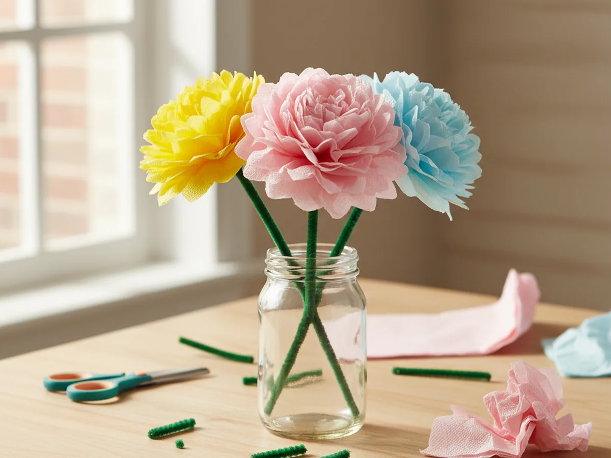 A bouquet of three fluffy paper napkin flowers in pink, yellow, and blue with green pipe cleaner stems sitting in a small clear glass jar