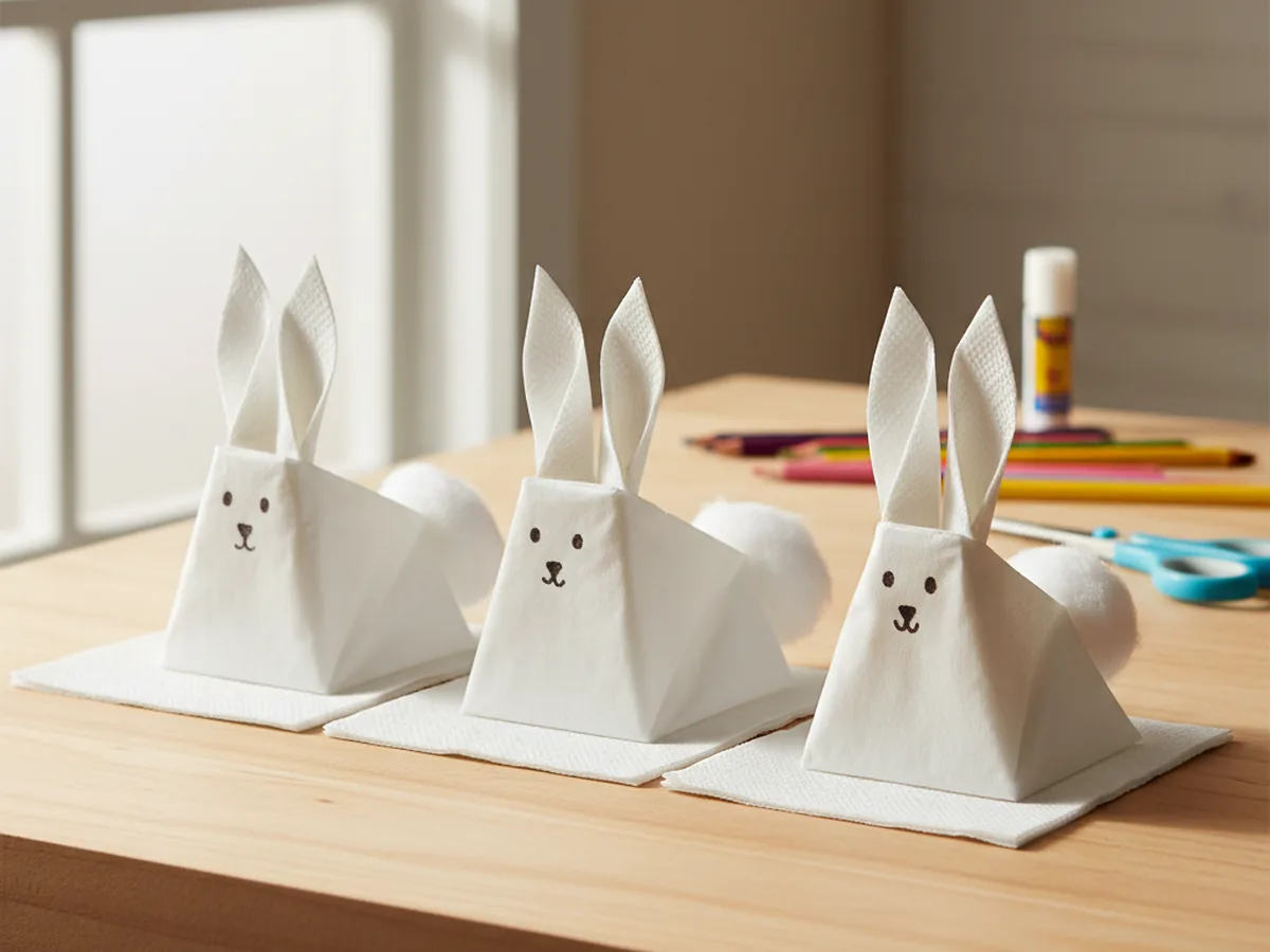 Three folded white paper napkin bunnies with two upright ears, drawn faces, and small cotton ball tails on a light wood surface