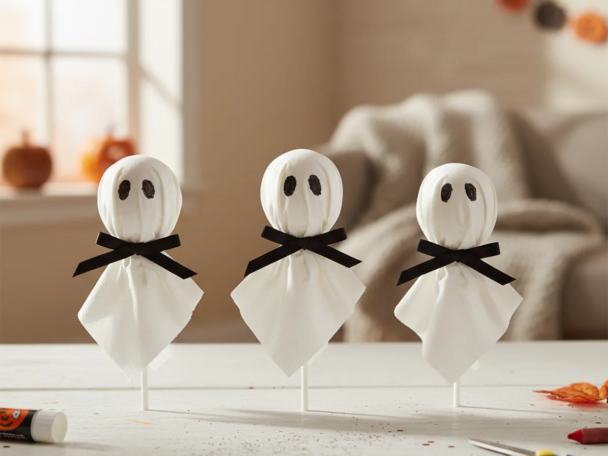 Three handmade paper napkin ghost lollipops with white napkins tied at the top with black ribbon and small drawn dot eyes