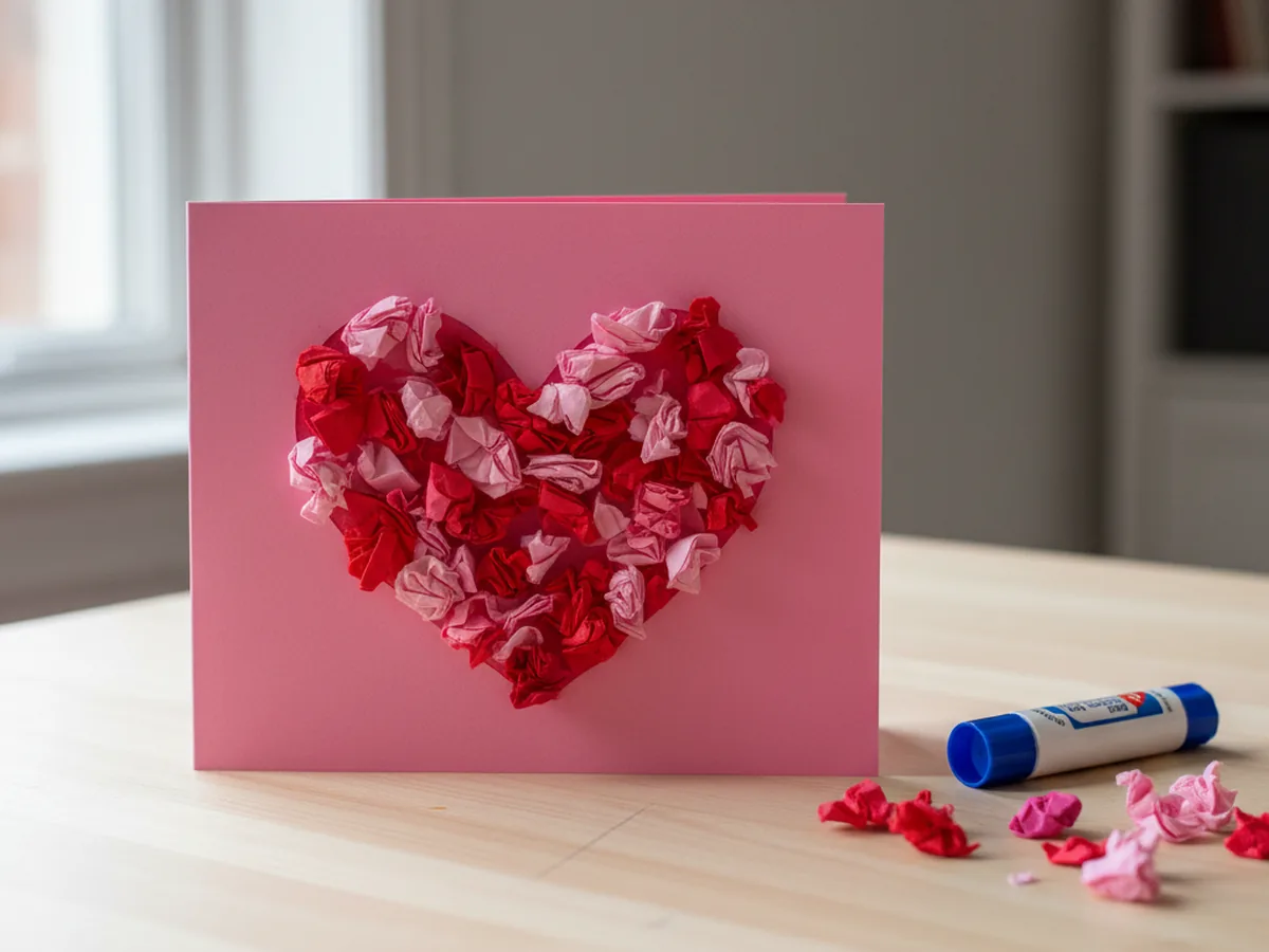 A handmade pink folded greeting card with a heart covered in scrunched pink and red paper napkin pieces glued on top