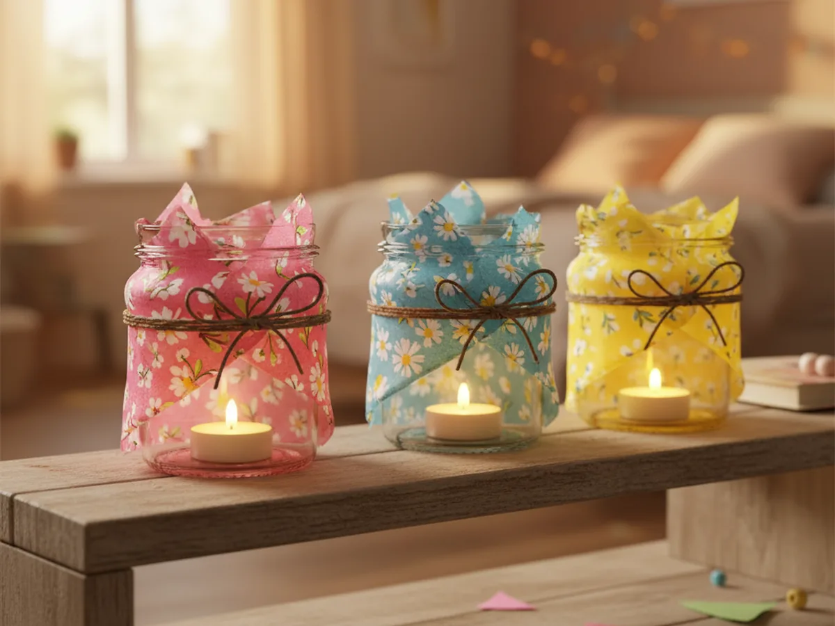 A row of three small glass jars wrapped in colorful paper napkins glowing softly with battery tea lights inside on a wooden shelf