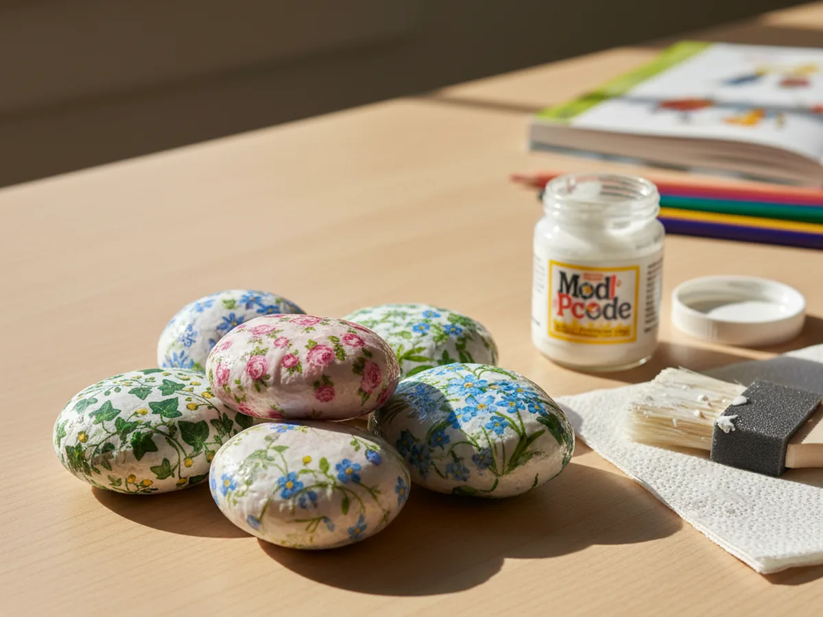 Five smooth river rocks decoupaged with floral paper napkin patterns in pink, blue, and green sealed with Mod Podge on a craft table