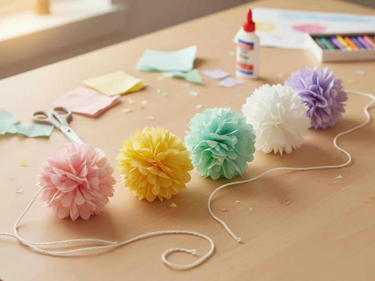 A pastel paper napkin pom pom garland with five fluffy pom poms in pink, yellow, white, and mint strung on white twine