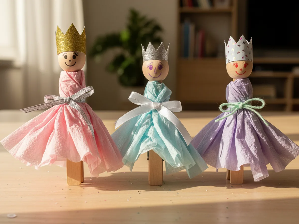Three handmade paper napkin princess dolls on wooden clothespins with pink, blue, and lavender napkin dresses and tiny paper crowns