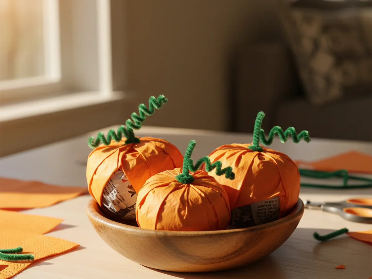 A small bowl of three handmade orange paper napkin pumpkins with green pipe cleaner stems and curly tendrils on a wooden surface