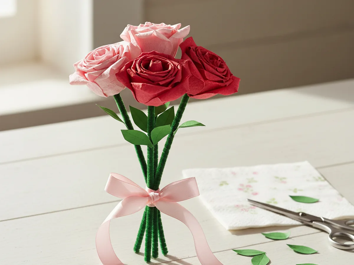 A small handmade bouquet of pink and red paper napkin roses with green pipe cleaner stems tied with a soft pink ribbon