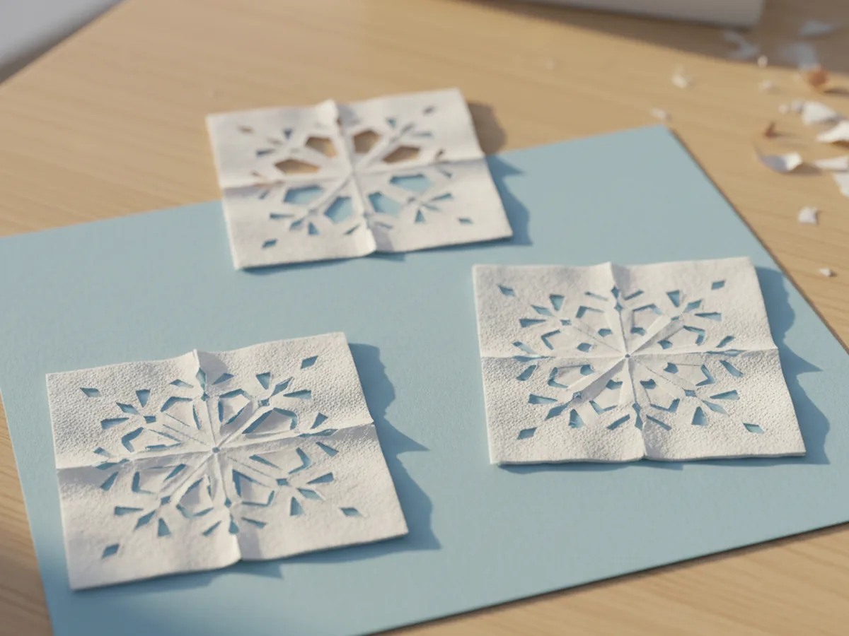 Three delicate white paper napkin snowflakes with intricate cut-out patterns laid out on a soft blue craft surface