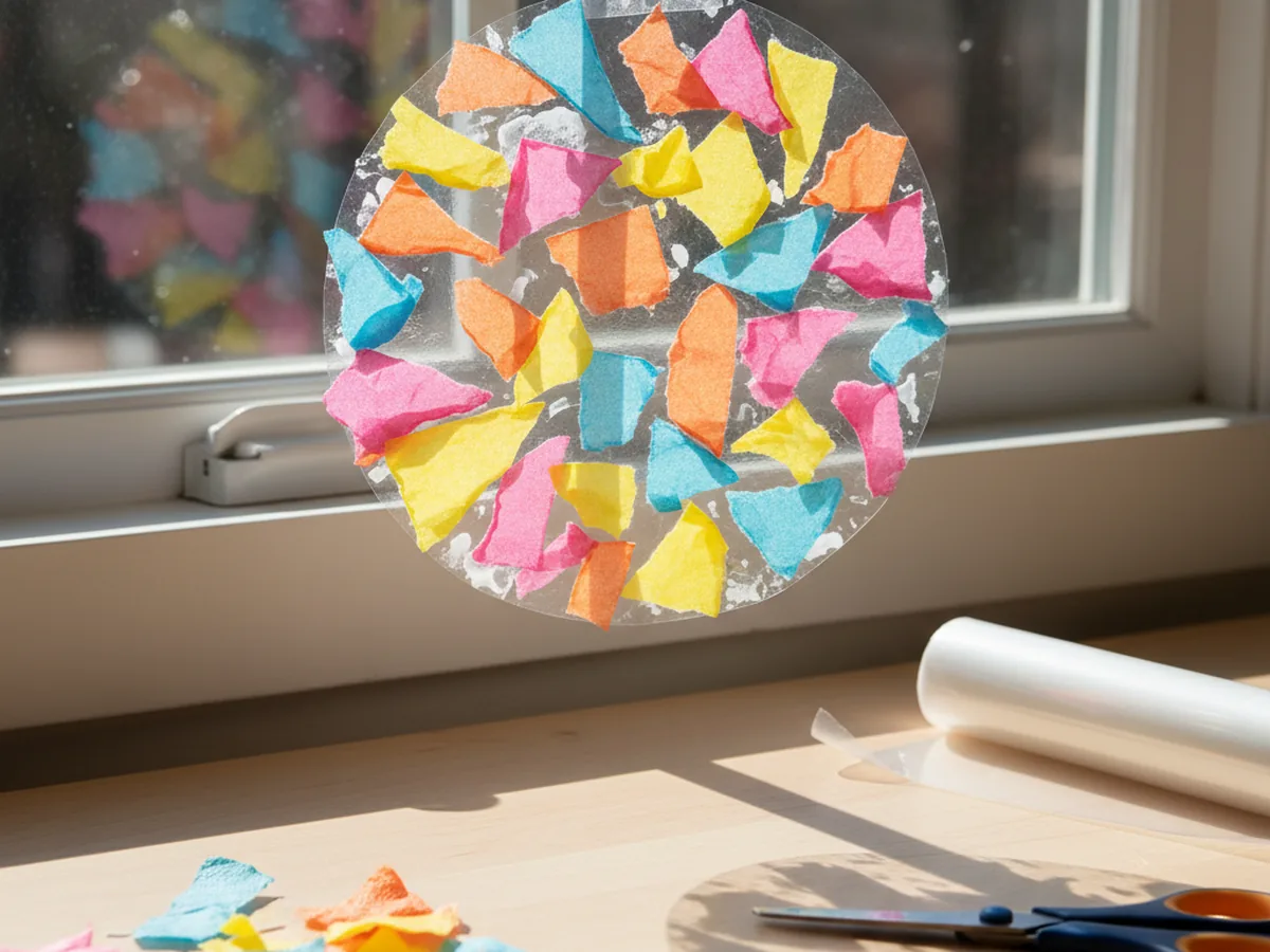 A paper napkin suncatcher with torn pink, yellow, and blue napkin pieces between contact paper, glowing in sunlight on a window