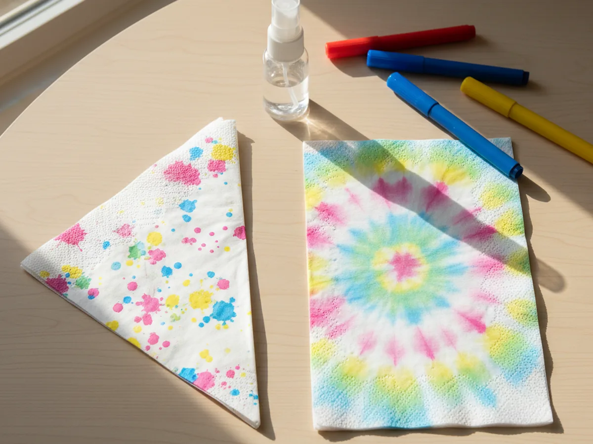 A folded and unfolded white paper napkin tie-dye craft with bright pink, blue, and yellow marker color bleed patterns on a craft table