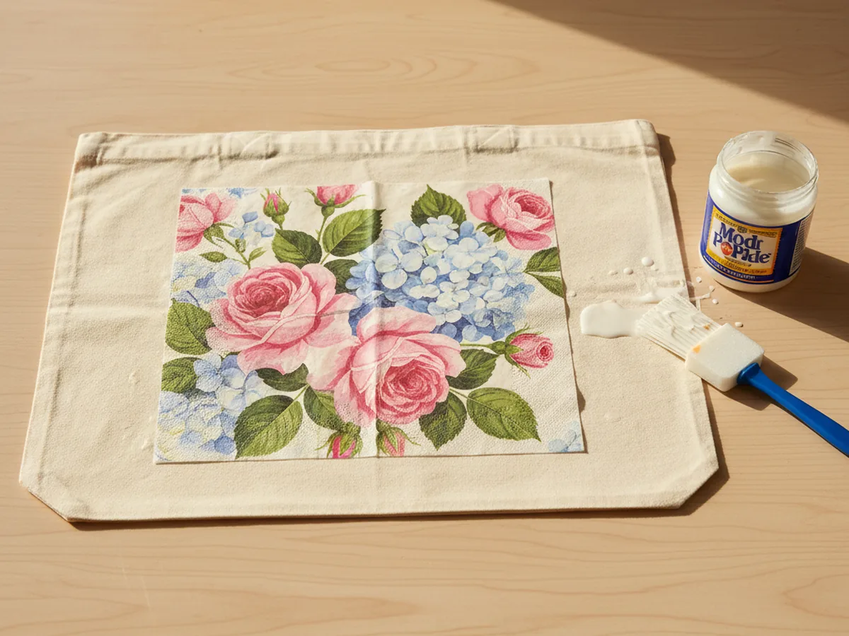 A natural canvas tote bag with a large floral paper napkin design decoupaged onto the front, drying flat on a wooden craft table