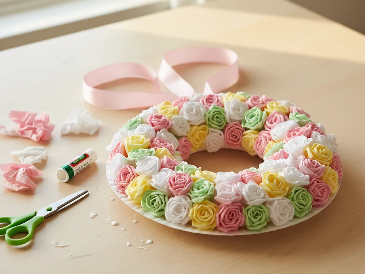 A handmade paper plate wreath covered with pink, white, and yellow paper napkin rosettes and a soft pink ribbon hanger