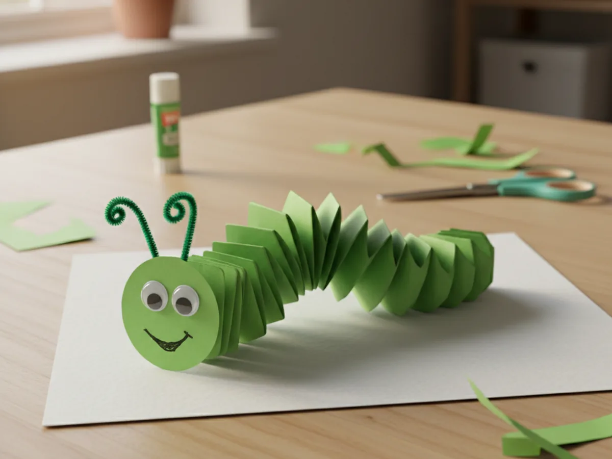 A handmade accordion folded green paper caterpillar with a round smiling face and tiny antennae glued to a white cardstock background