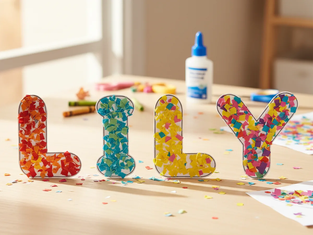Handmade bubble letters on cardstock spelling a child's name filled with colorful torn paper confetti pieces glued inside each letter shape