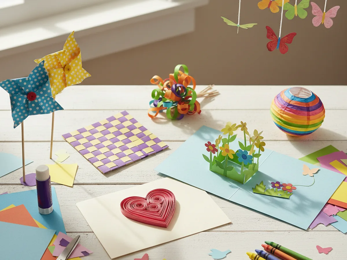 A bright flat lay of handmade creative craft paper projects including a quilled heart card, pop-up flower card, paper pinwheels, woven placemat, paper lantern, butterfly mobile, and paper bouquet on a craft table
