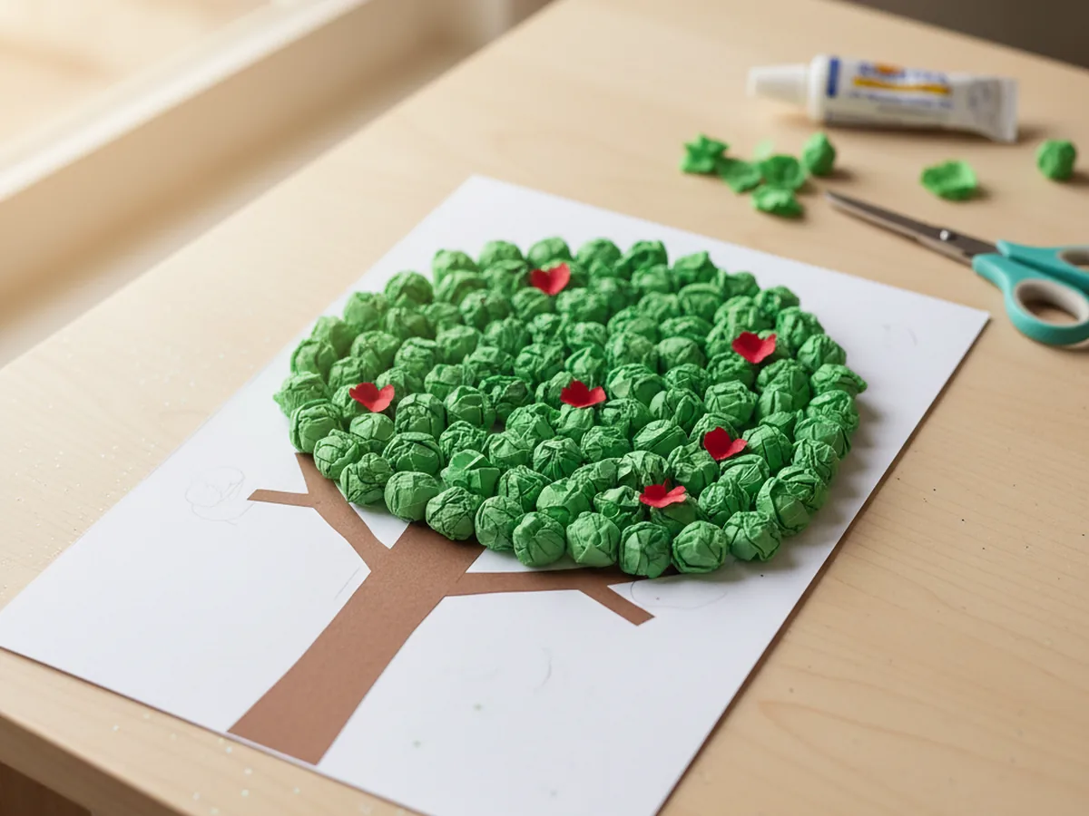 A handmade textured paper tree with a brown construction paper trunk and a fluffy canopy of crinkled green tissue paper balls and red paper apples