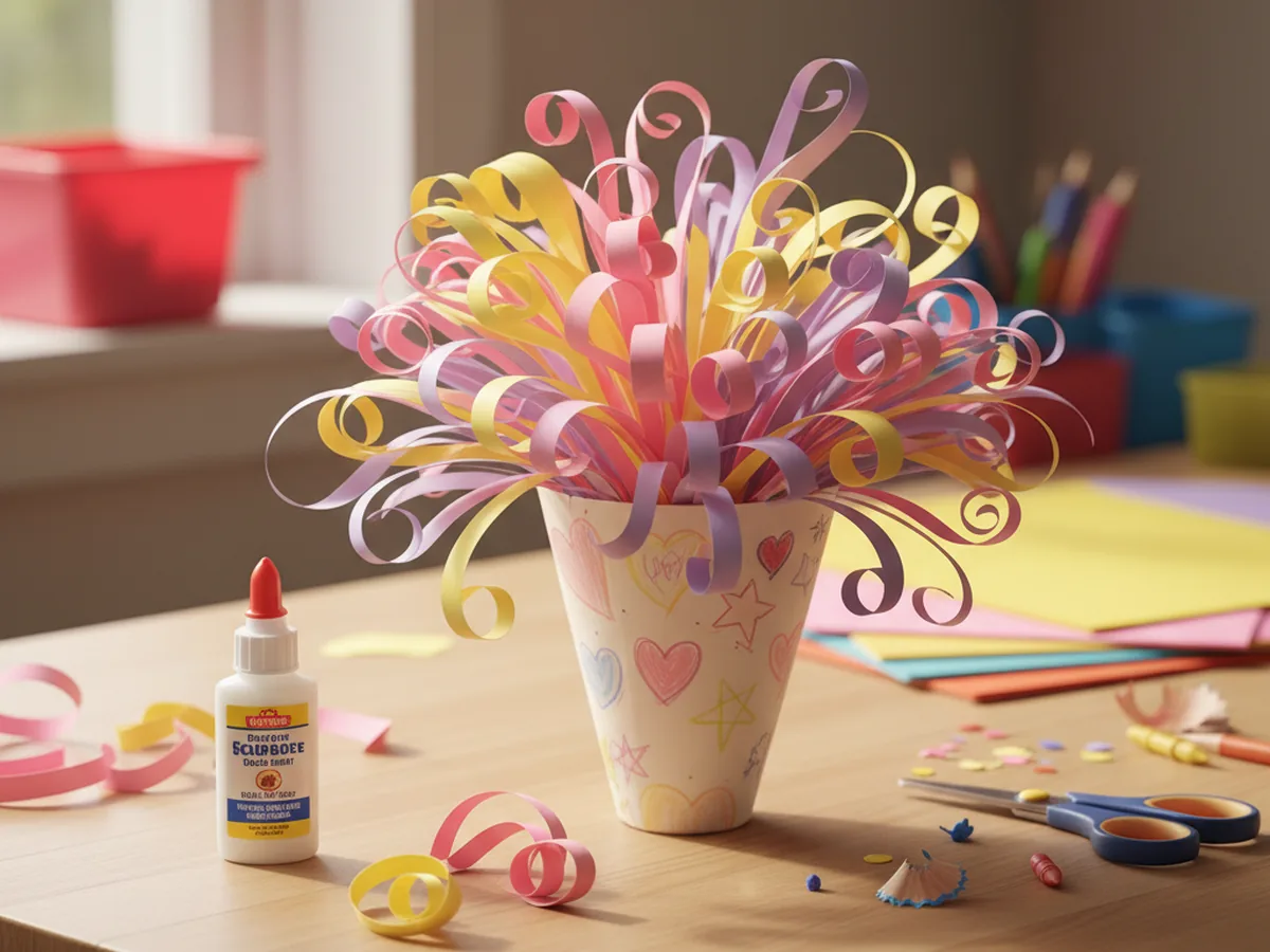 A handmade curled paper strip bouquet with bright pink, yellow, and purple curled paper petals bunched in a folded paper cone holder