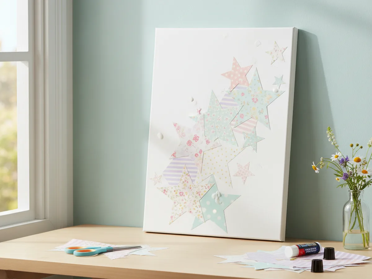 A handmade geometric paper star wall art piece with patterned cut-out stars in different sizes arranged on a white canvas background