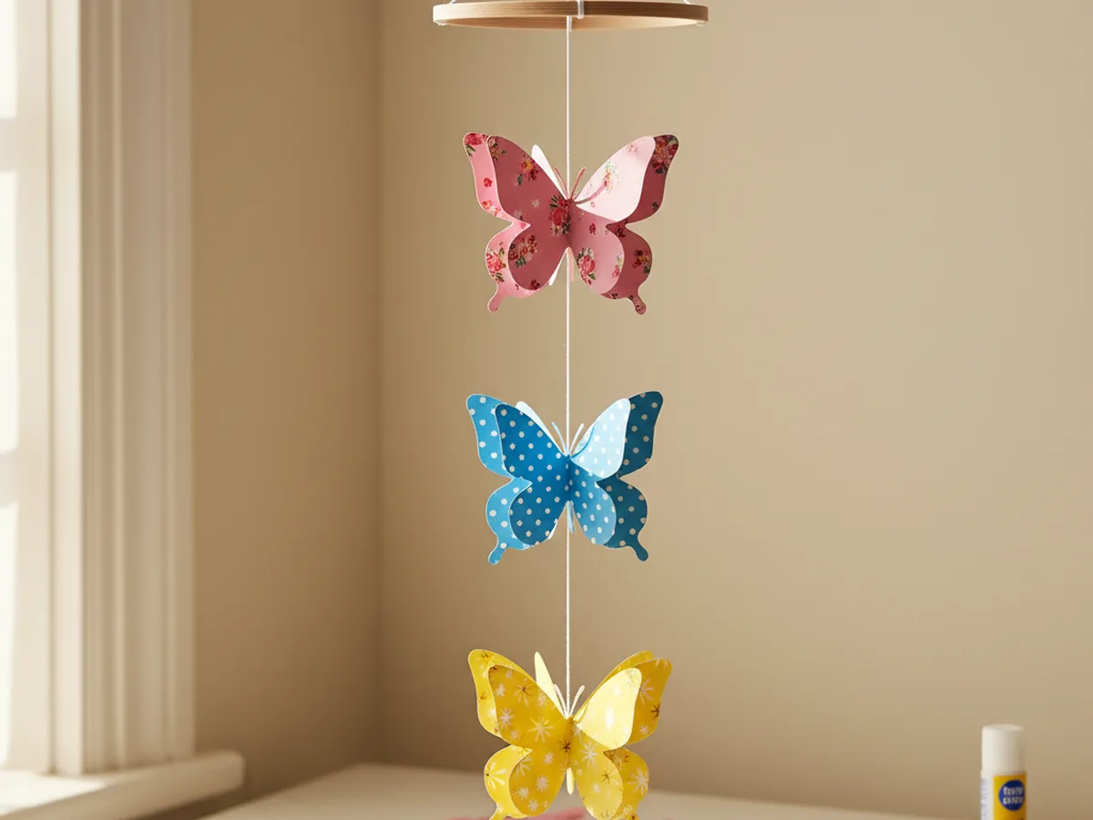 A handmade layered paper butterfly mobile with several patterned paper butterflies hanging from a wooden hoop with their wings lifted up