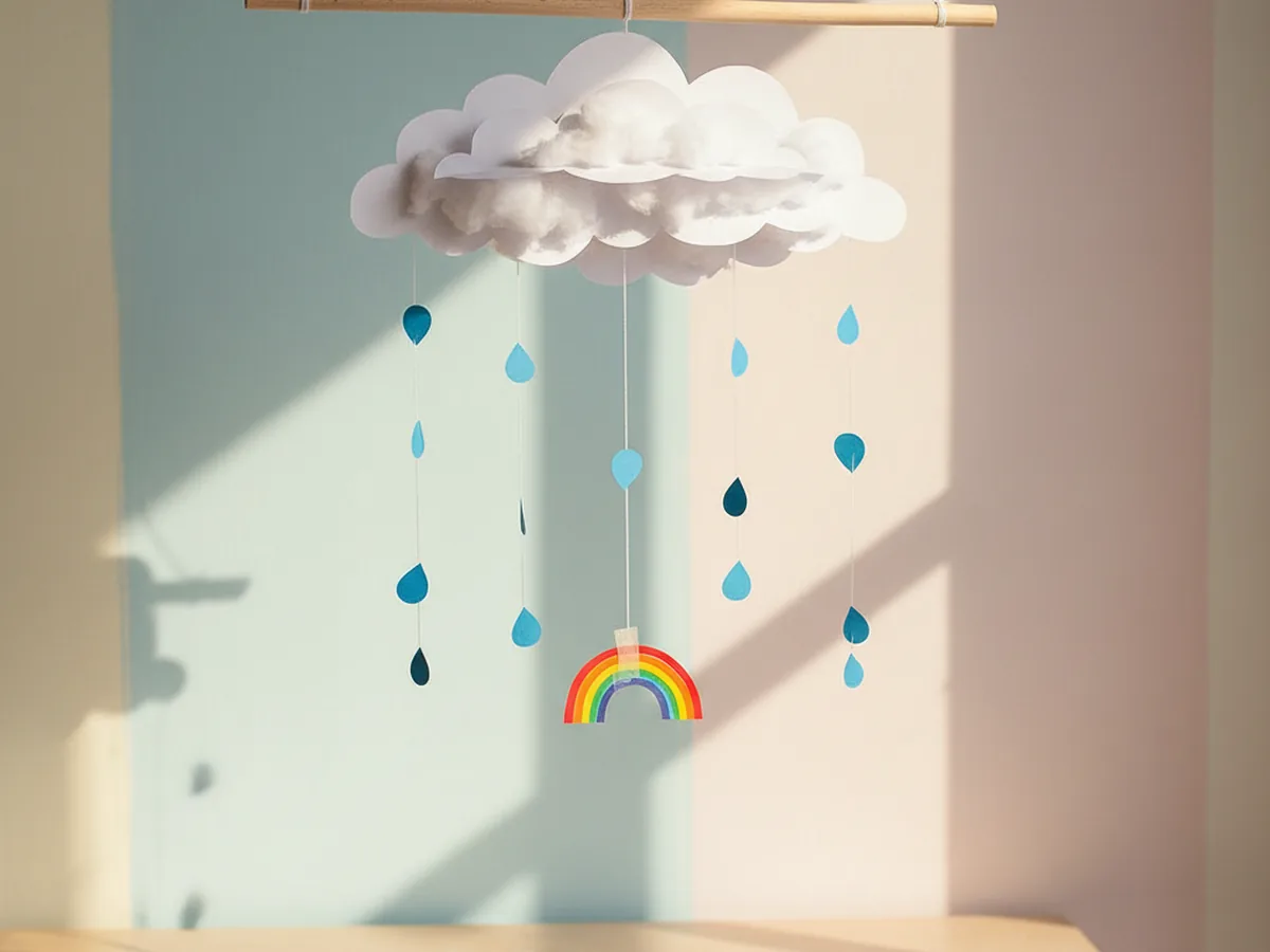 A handmade layered paper cloud mobile with white cardstock clouds and small paper raindrops and rainbows hanging on string