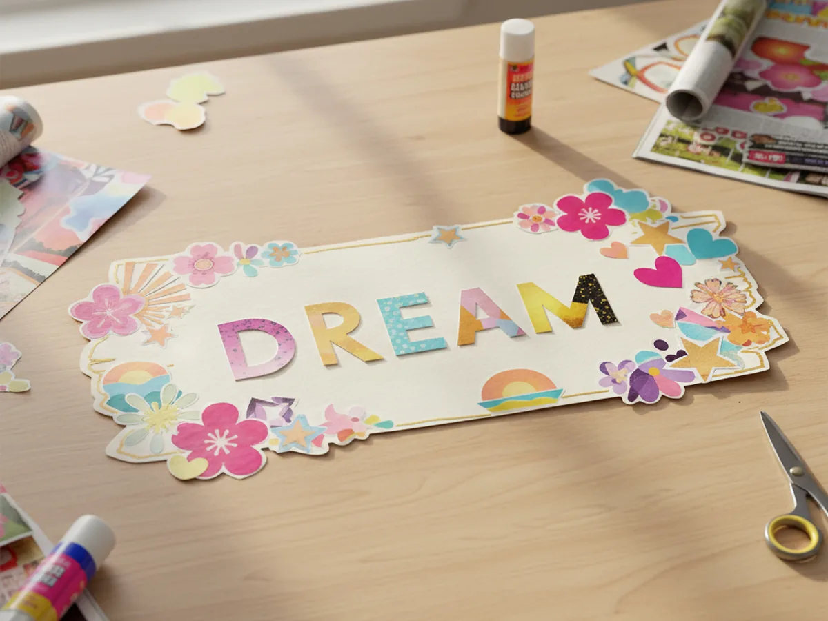 A handmade magazine collage dream sign on cardstock filled with cut-out pictures, words, and colorful shapes arranged around the word Dream
