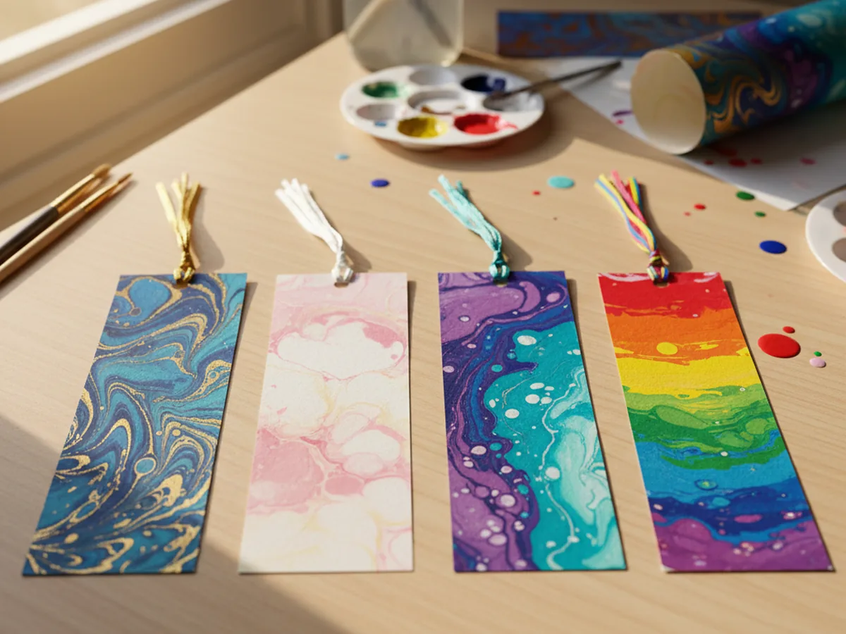 A handmade set of marbled paper bookmarks in swirling blue, pink, and gold patterns with ribbon tassels laid out on a craft table