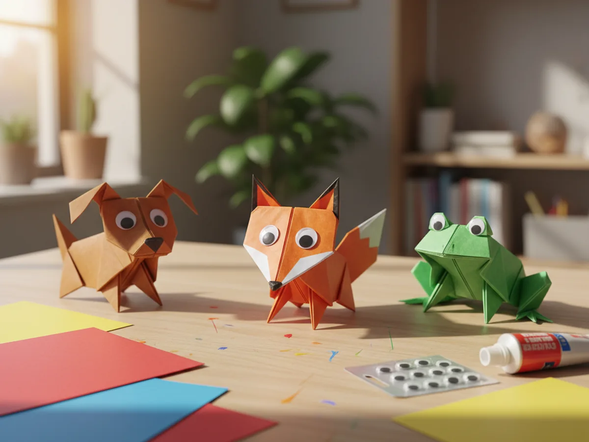 A handmade group of simple origami paper animal friends including a fox, frog, and dog folded from bright origami paper sitting on a craft table