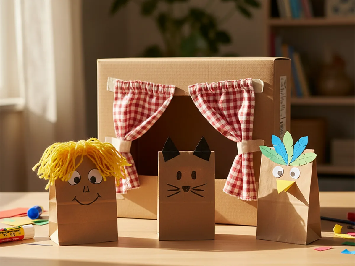 A handmade paper bag puppet theater with three decorated paper lunch bag puppets and a cardboard box stage on a craft table