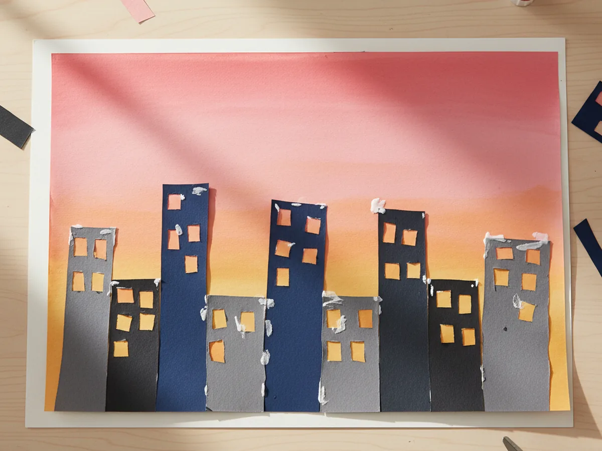 A handmade construction paper city skyline with tall gray and black building shapes and yellow square windows on a pink and orange sunset background