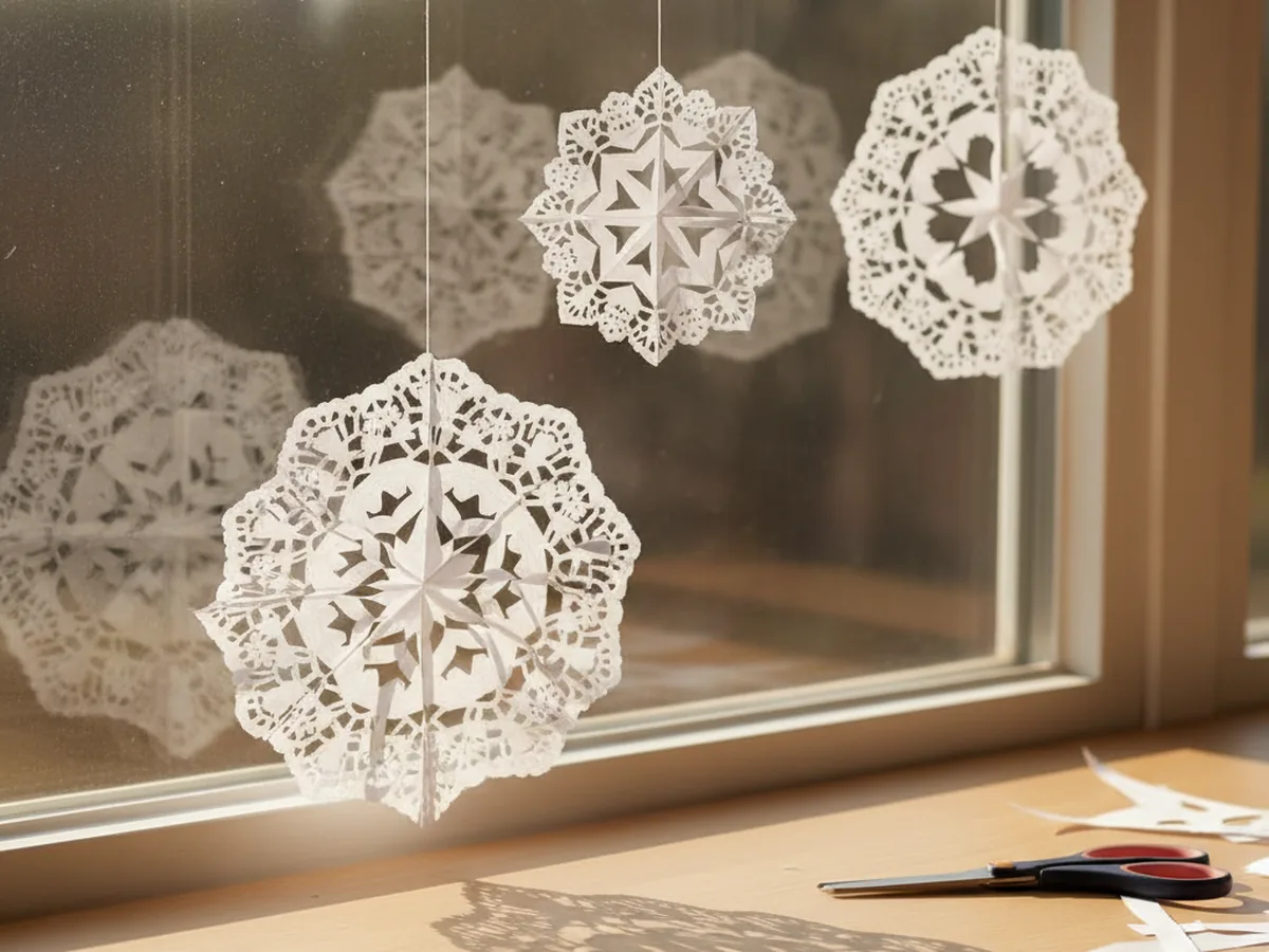 A row of handmade paper doily snowflakes hanging in a sunny window with thread, each snowflake showing different lacy cut-out shapes