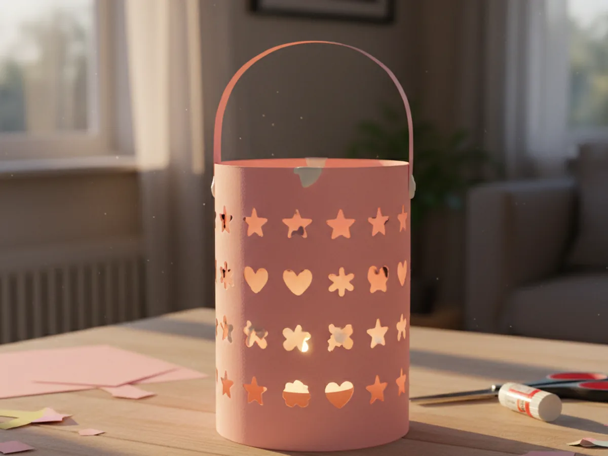 A handmade colorful paper lantern with cut-out slits glowing softly with an LED tea light inside on a wooden table at dusk