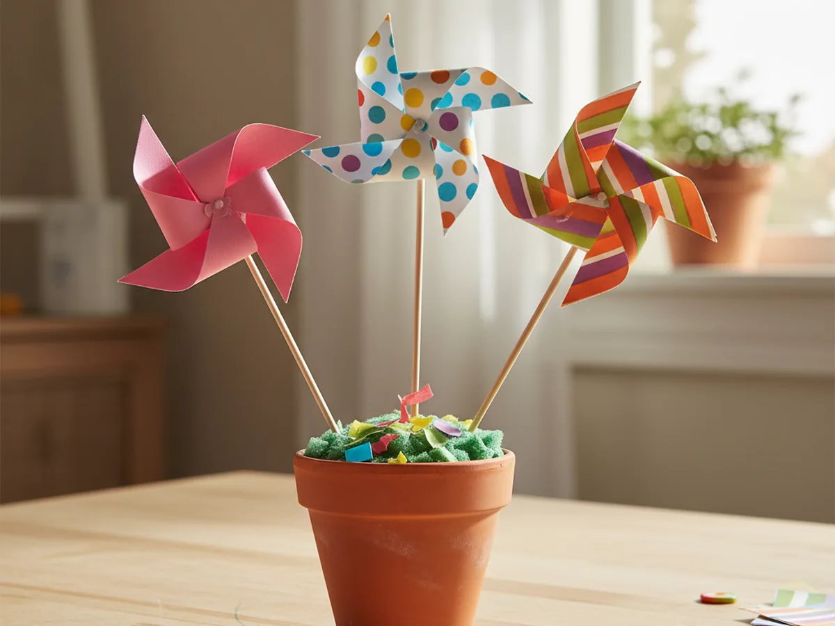 A handmade paper pinwheel garden with three colorful spinning pinwheels on wooden sticks displayed in a small flower pot