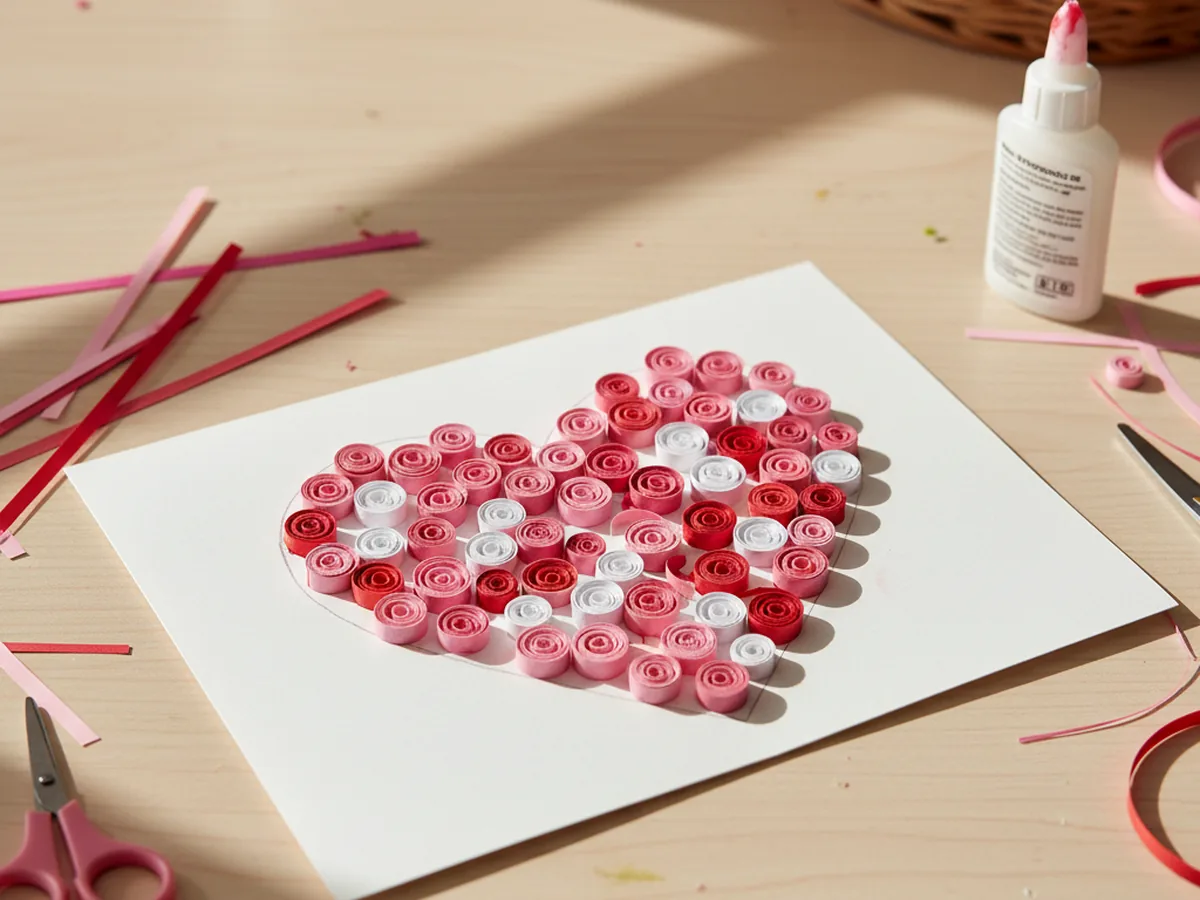 A handmade paper quilled greeting card with pink and red rolled paper coils arranged inside a heart outline on a folded white cardstock