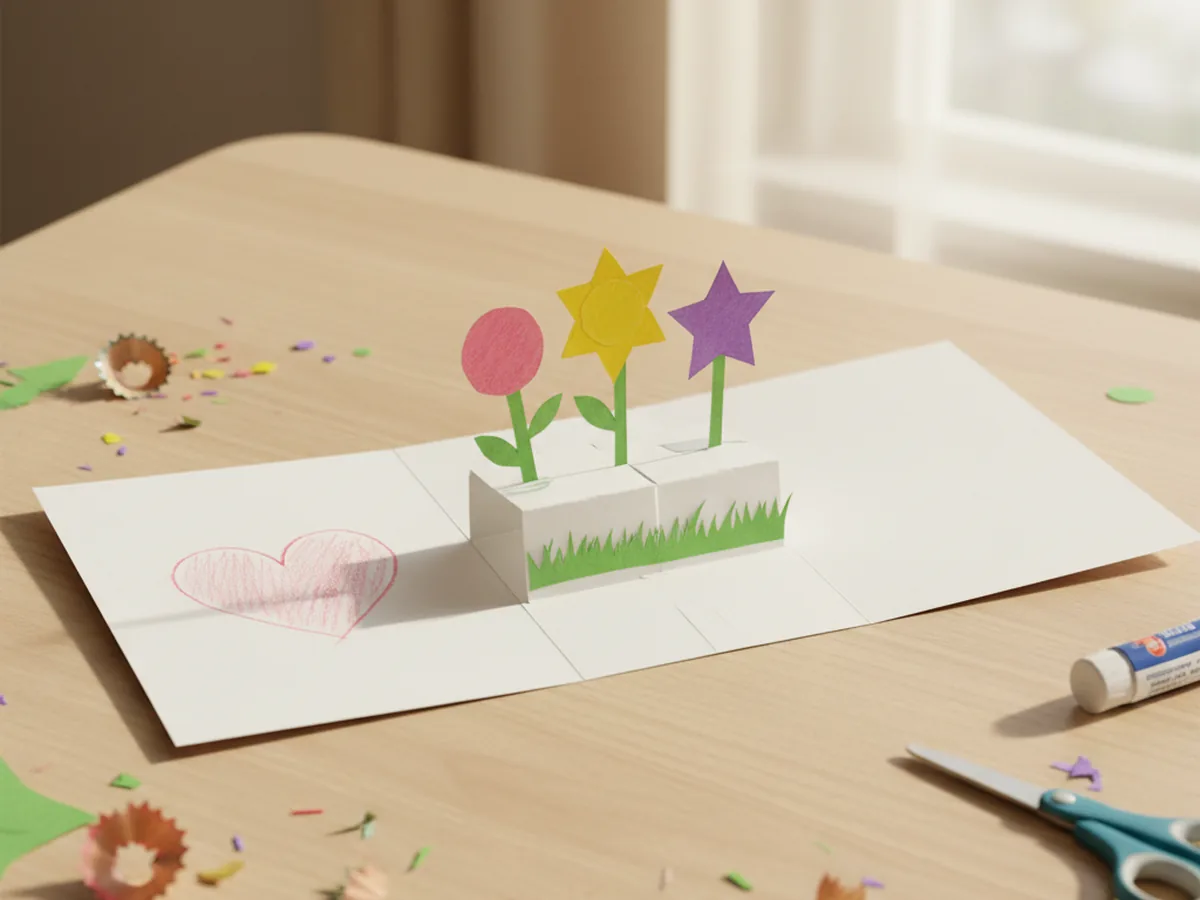 A handmade pop-up paper card opened to reveal a small garden of colorful paper flowers and green grass standing up from the inside fold