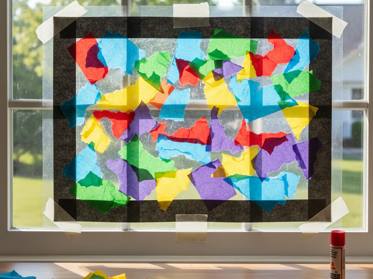 A handmade stained glass window decoration made of colorful tissue paper pieces arranged inside a black paper frame catching sunlight
