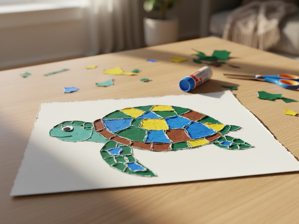 A handmade torn paper mosaic of a colorful turtle filled with small pieces of green, blue, and yellow construction paper on white cardstock