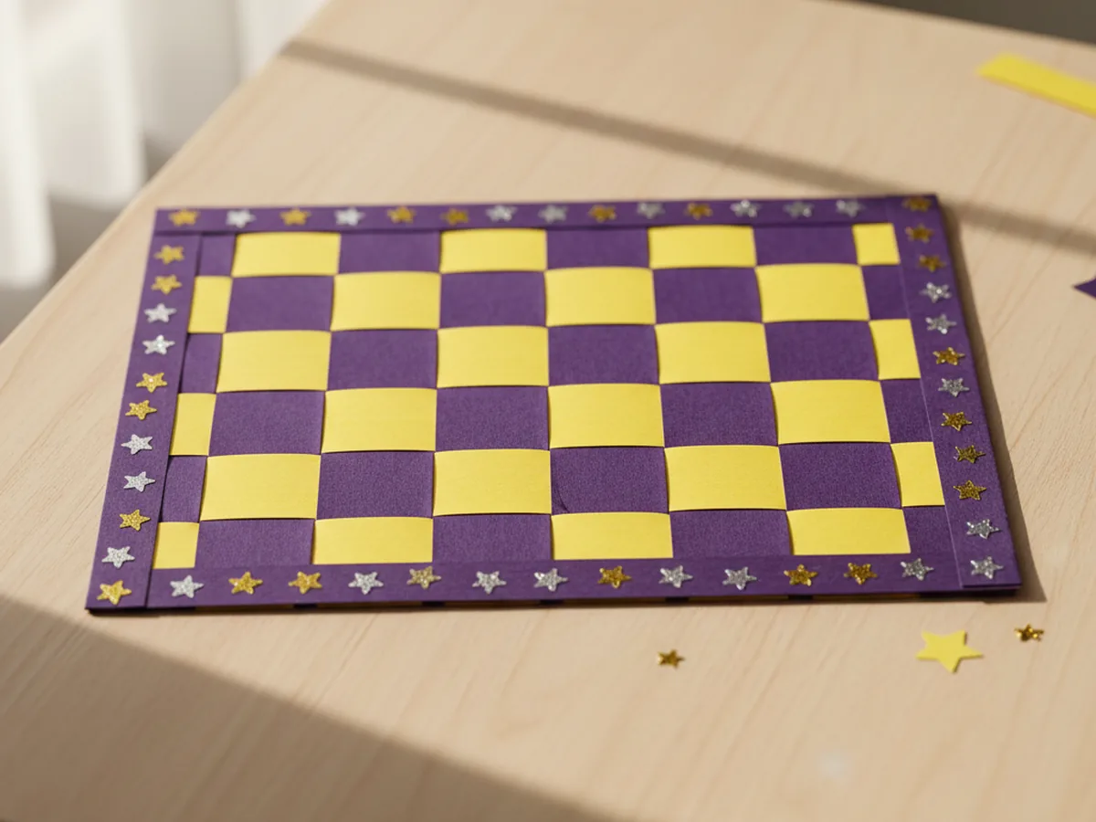 A handmade woven paper placemat made from purple and yellow construction paper strips crossed in a checkerboard pattern on a craft table