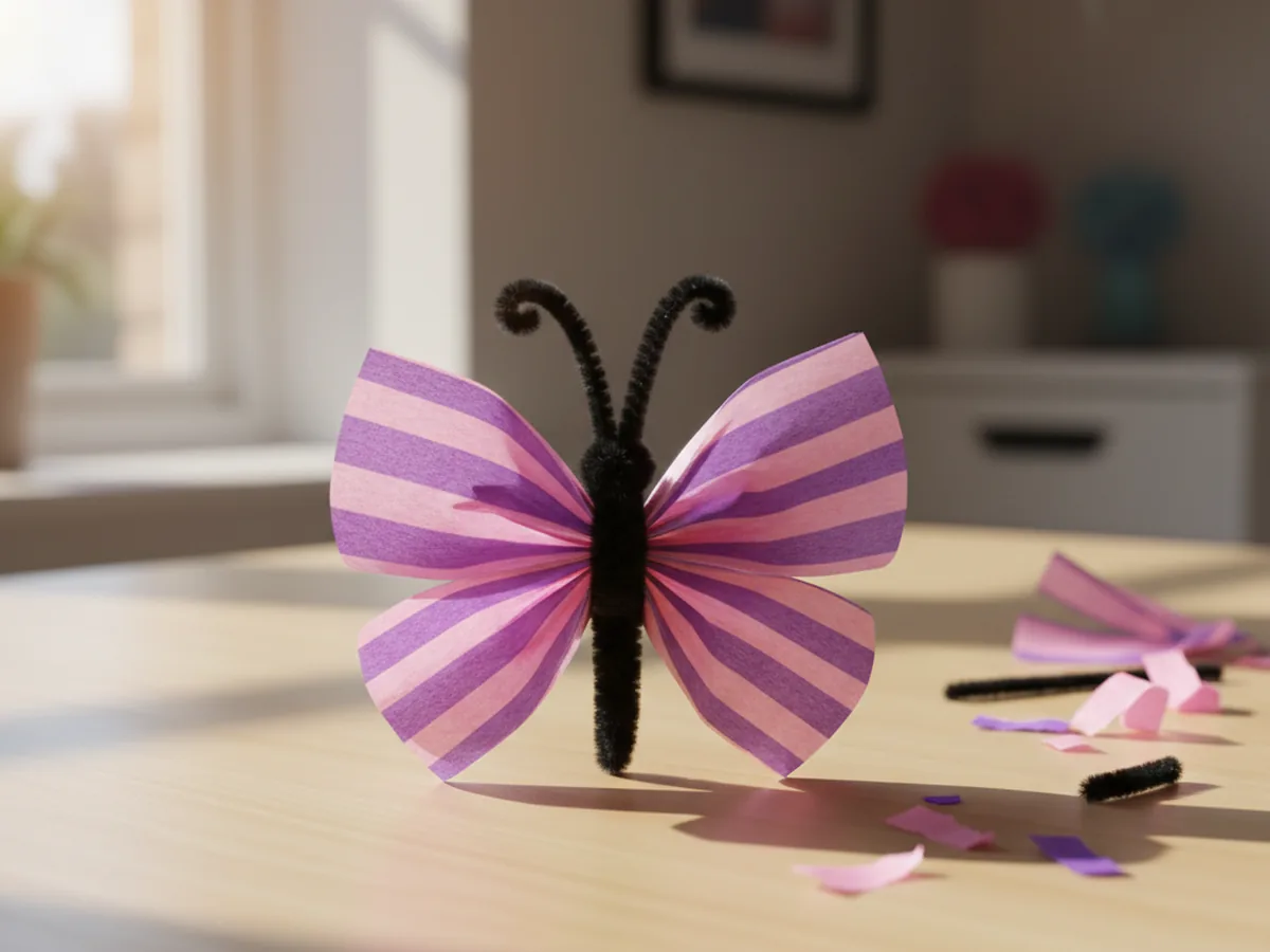 Handmade pink and purple crepe paper butterfly with a black pipe cleaner body and two curled antennae