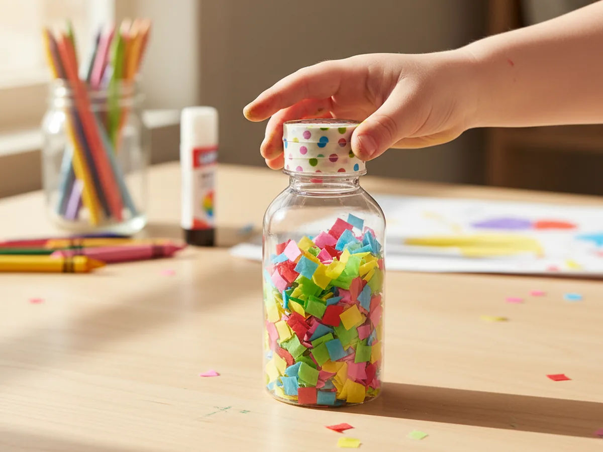 Handmade confetti shaker with colorful crepe paper bits in a clear plastic bottle held by a small child