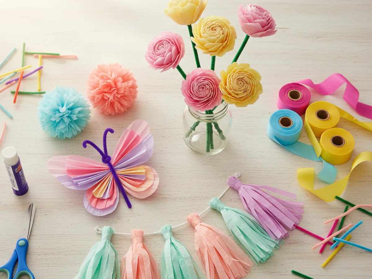 A bright spread of handmade crepe paper crafts including tissue flowers, pom-poms, butterflies, and a tassel garland on a craft table
