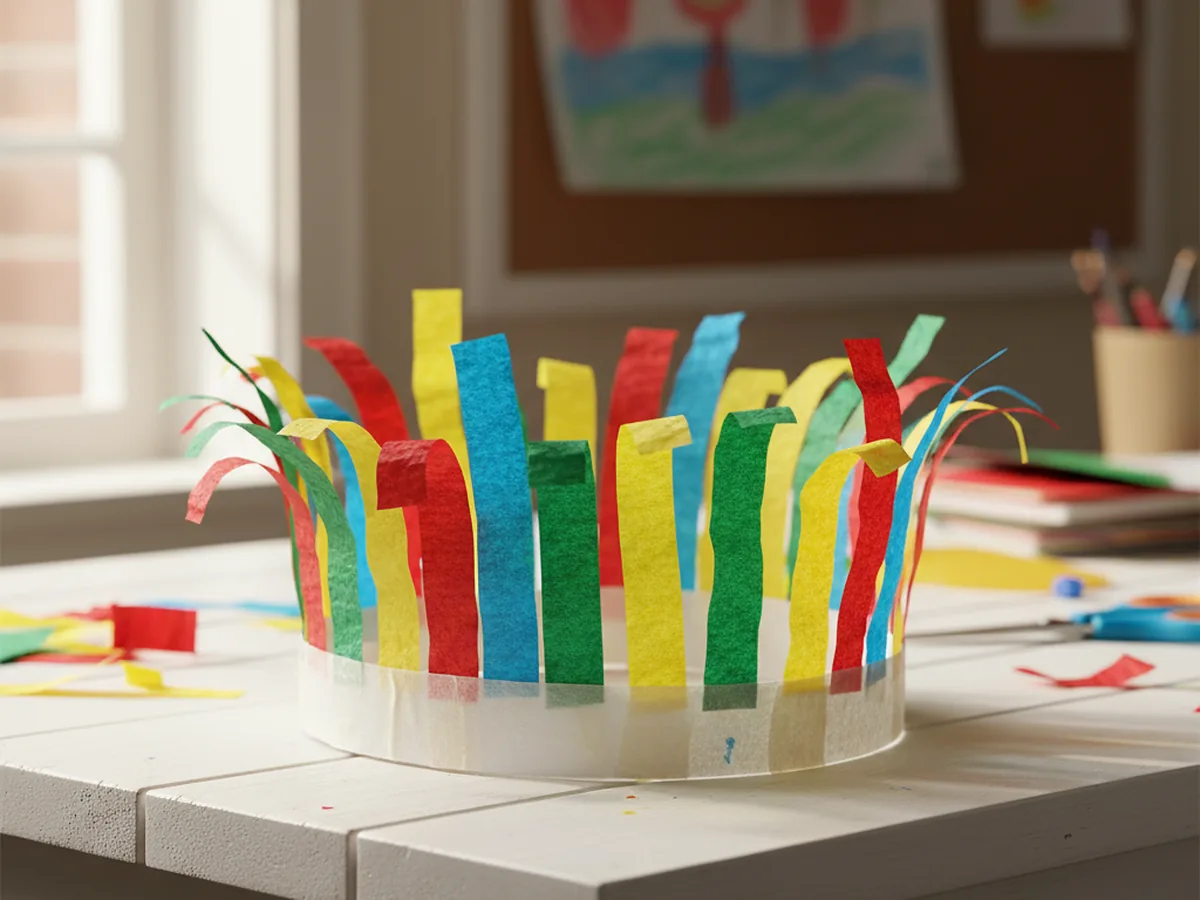 Handmade kids carnival crown with cardstock band and tall fringed multicolor crepe paper spikes on top