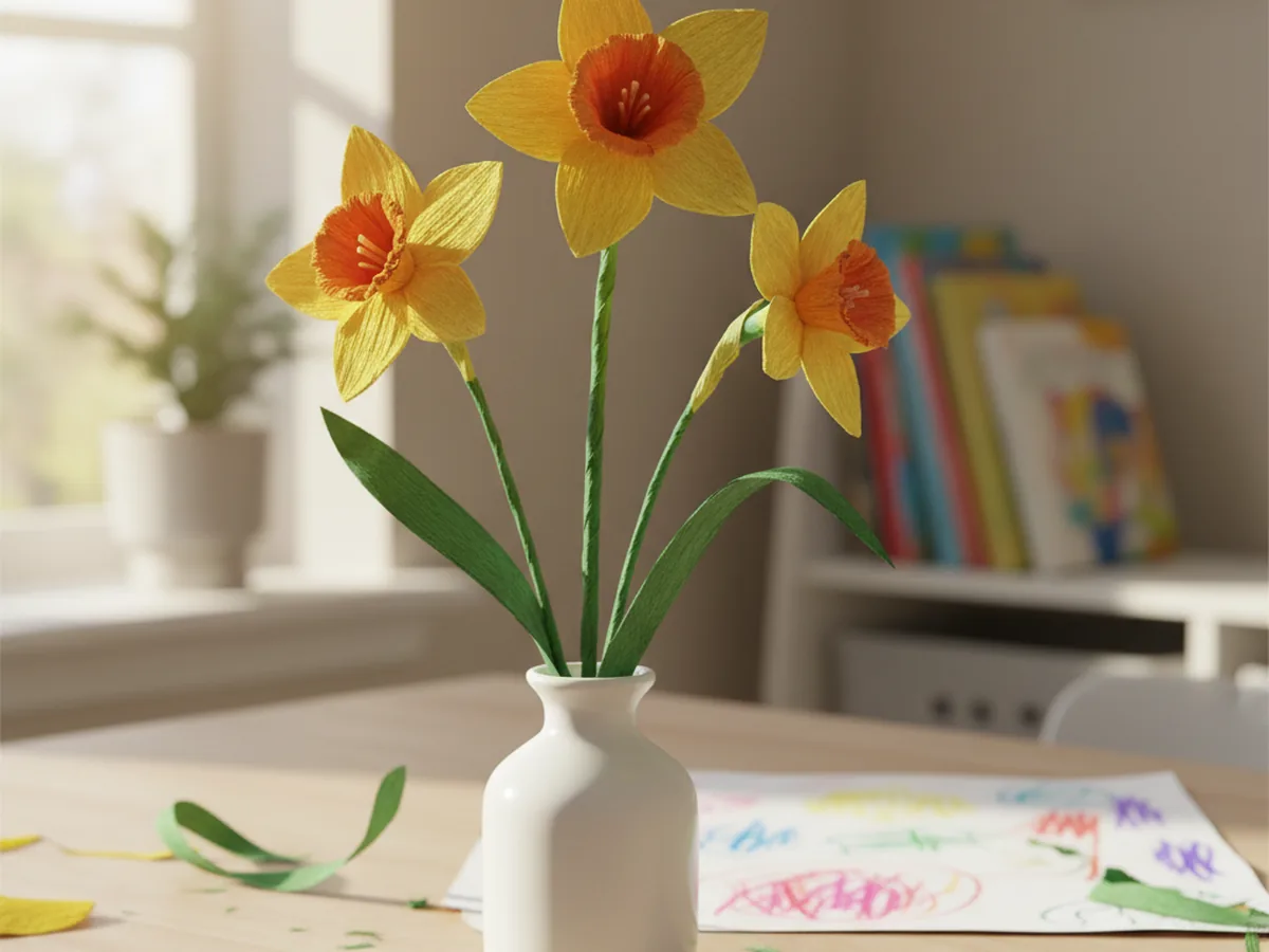 Handmade bunch of yellow crepe paper daffodils with orange trumpets and green stems in a small vase