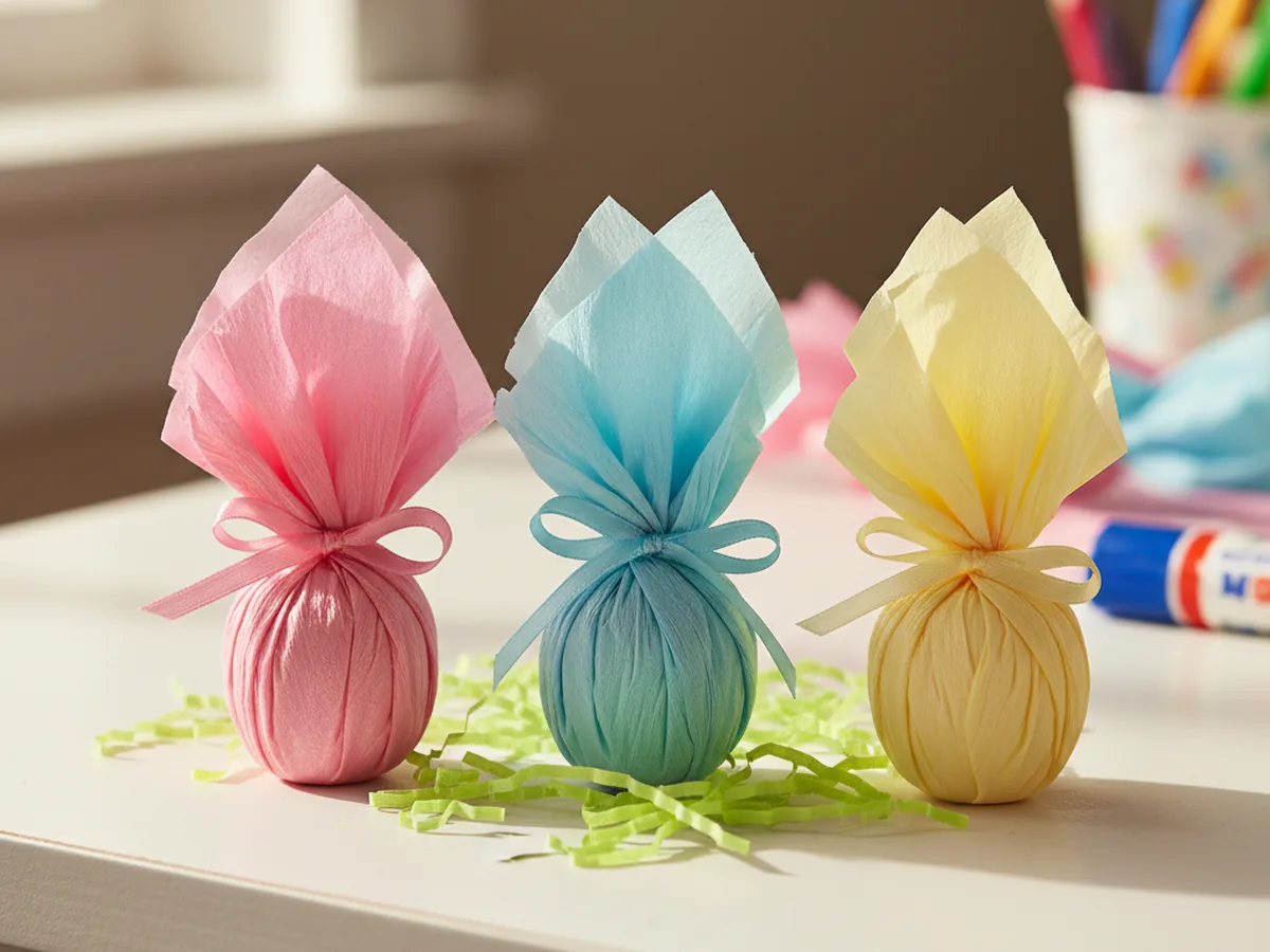 Handmade Easter eggs wrapped in pink, blue, and yellow crepe paper with twisted candy-wrapper ends