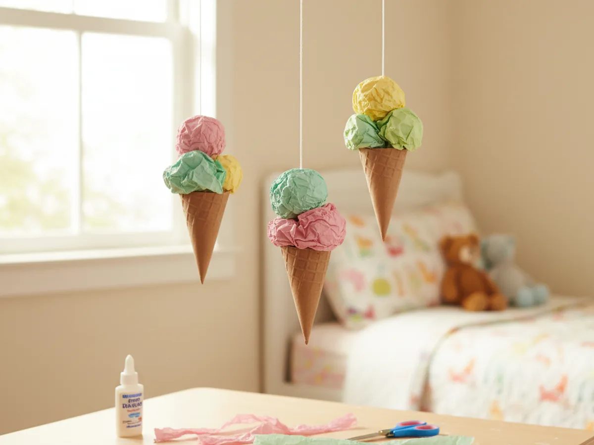Handmade ice cream cone mobile with brown paper cones and pastel crepe paper scoops hanging from string