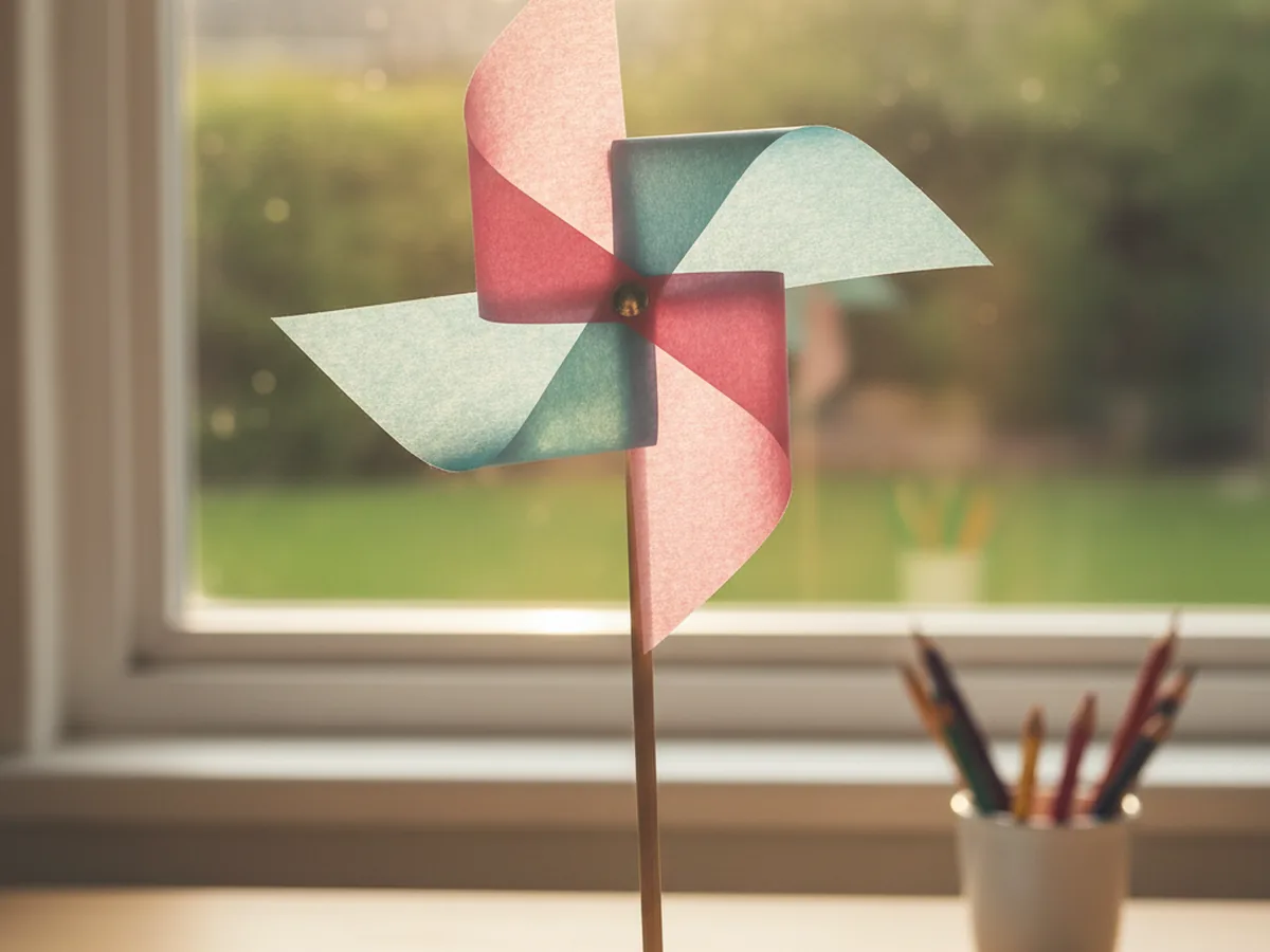 Handmade pink and blue crepe paper pinwheel pinned to a wooden stick held up against a sunny window