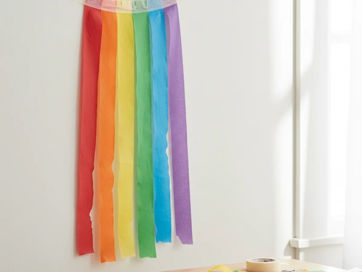 Handmade rainbow crepe paper streamer garland in red, orange, yellow, green, blue, and purple hanging on a wall