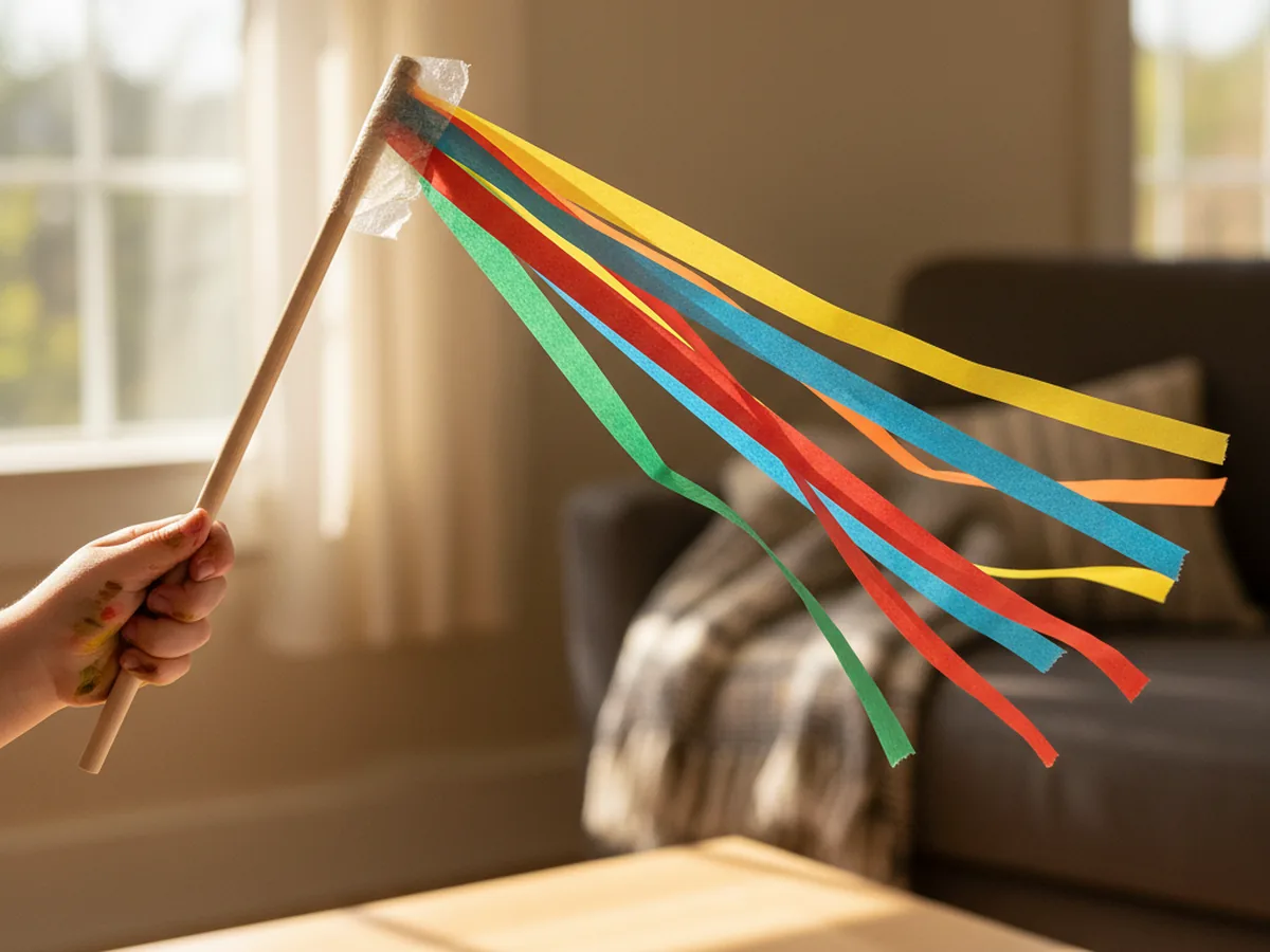 Handmade ribbon dancer wand with rainbow crepe paper streamers attached to a wooden dowel held by a child